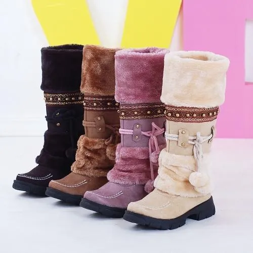 Knee high pom pom snow boots cute winter boots flat heel