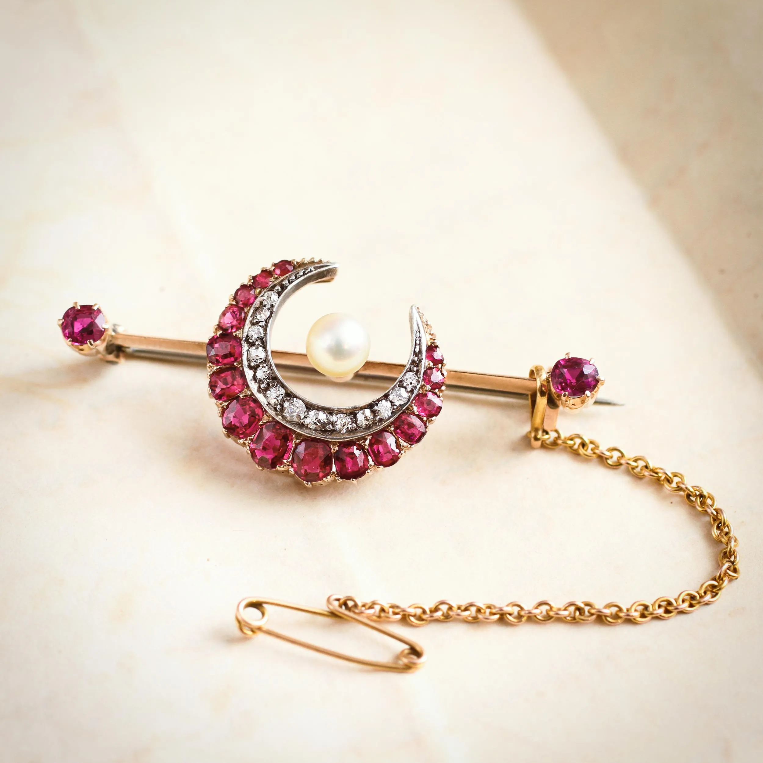 Late Victorian Ruby & Diamond Crescent Honeymoon Brooch