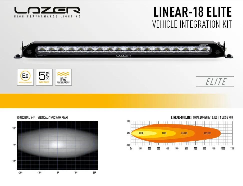 Lazer LED Light Bar Linear 18 Elite inc Bumper Beam Grille Mount Kit