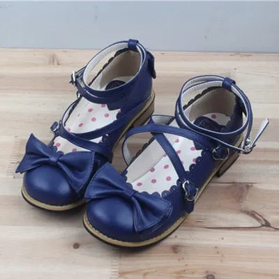 Lolita shoes women flats low round with cross straps bow cute girls princess tea party shoes students lovely shoes size 34-41