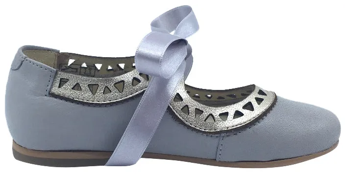 Luccini Grey Leather with Gold Trim Bow Tie Flats