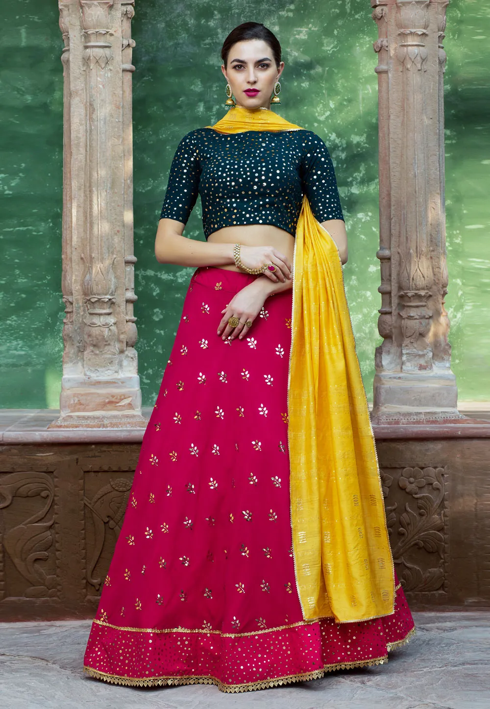 Magenta Multicoloured Embroidered Lehenga Choli