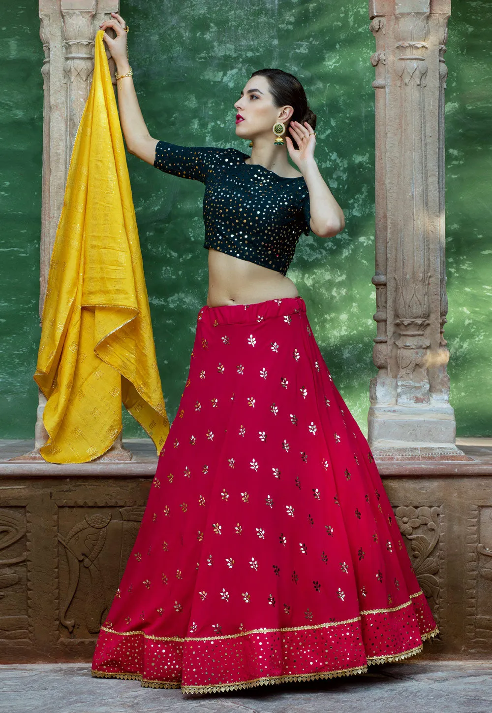 Magenta Multicoloured Embroidered Lehenga Choli