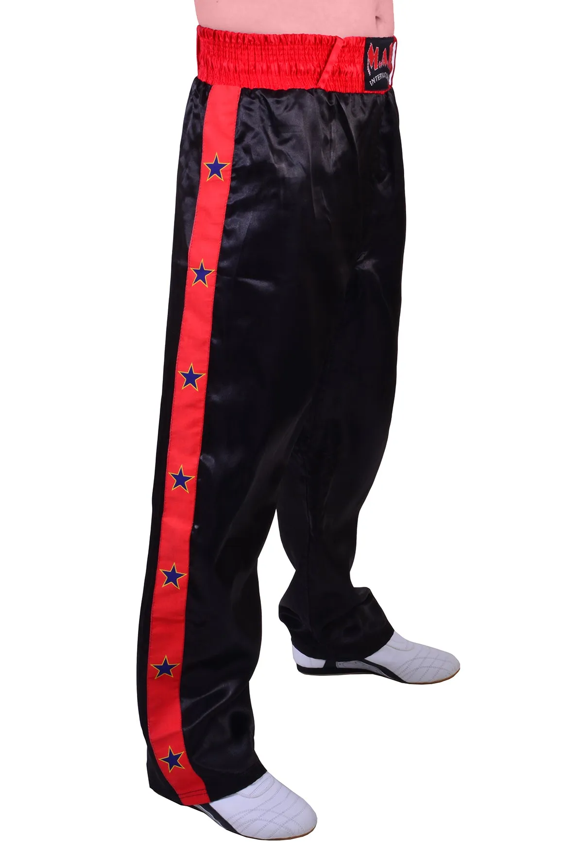 MAR-087B | Black & Red Kickboxing Trousers w/ Embroidered Writing