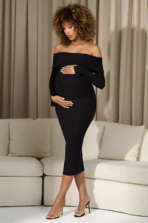 Marley | Black Bodycon Bardot Maternity Midi Dress