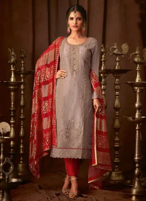 Mauve And Red Embroidered Indian Pant Suit