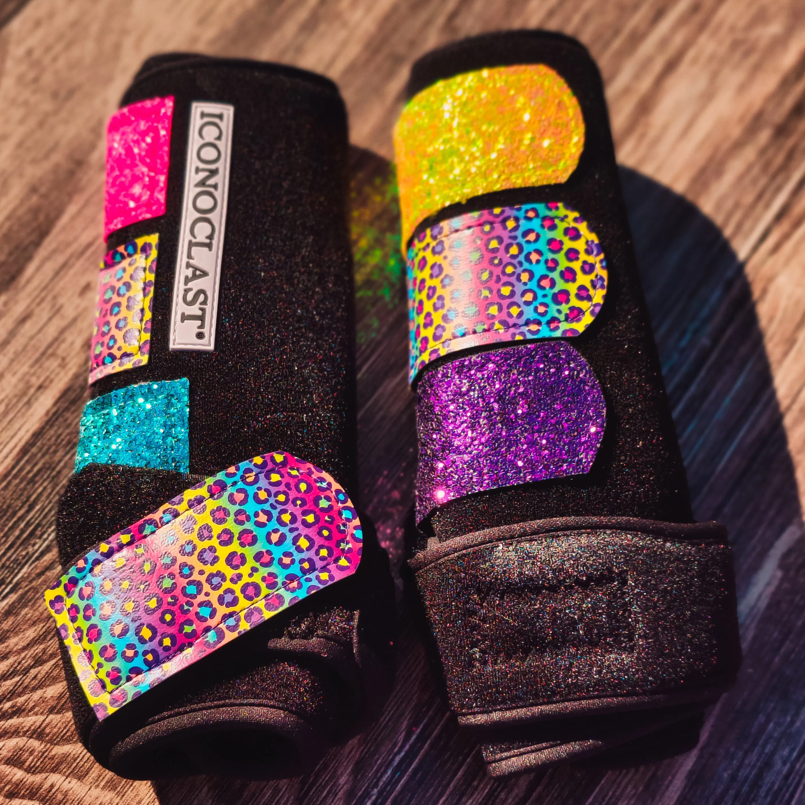 Medium Black Iconoclast Fronts w/ Rainbow Cheetah and Glitter Straps