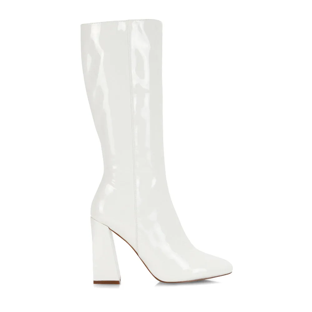 Millicent Square Toe below the Knee Long Block High Heel Boots in White PU