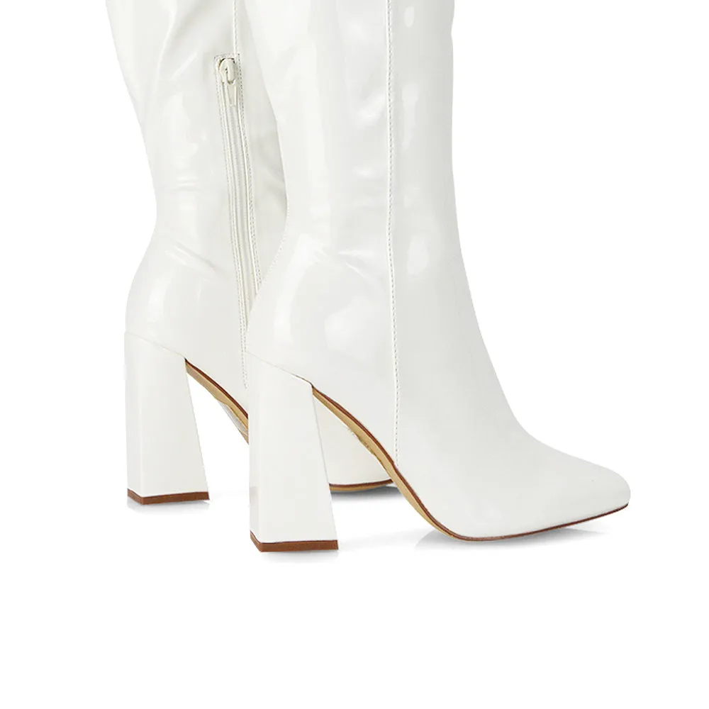 Millicent Square Toe below the Knee Long Block High Heel Boots in White PU