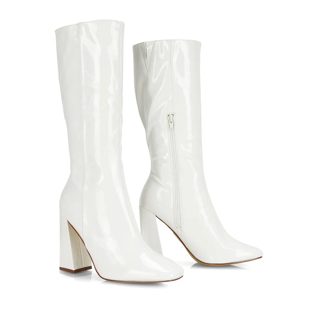 Millicent Square Toe below the Knee Long Block High Heel Boots in White PU