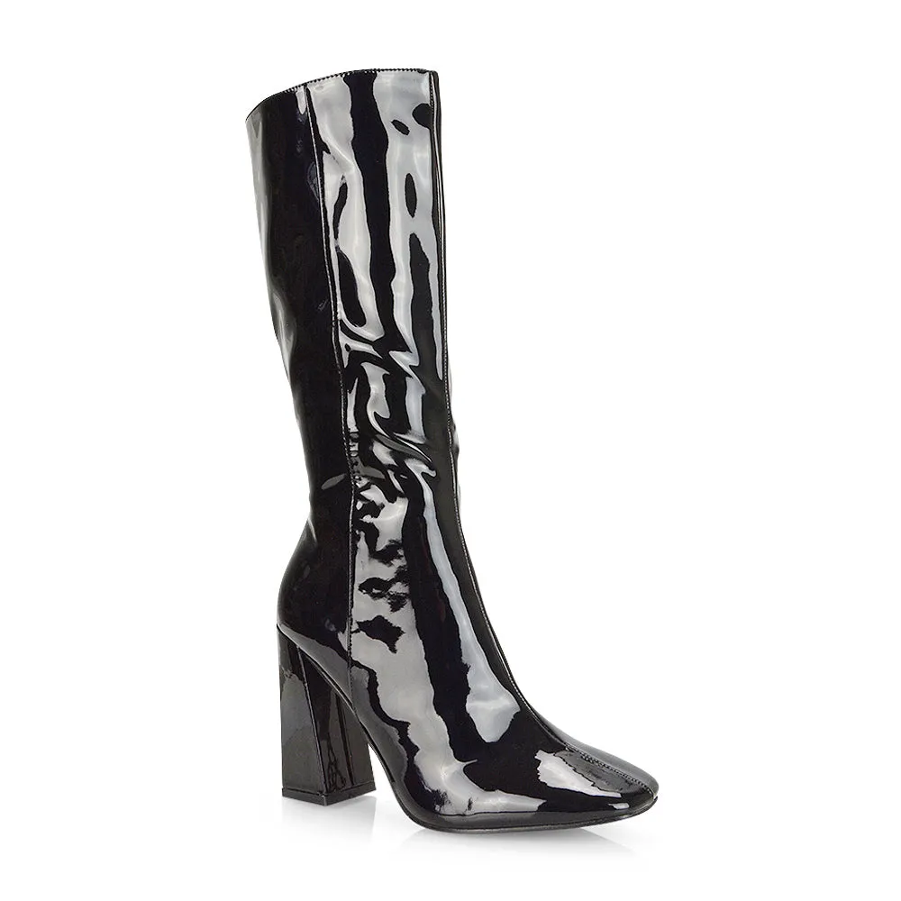 Millicent Square Toe below the Knee Long Block High Heel Boots in White PU