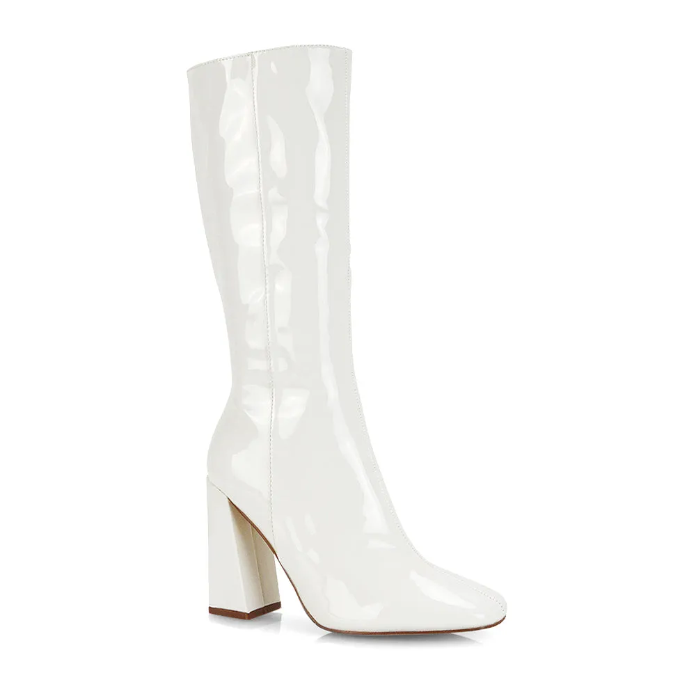 Millicent Square Toe below the Knee Long Block High Heel Boots in White PU