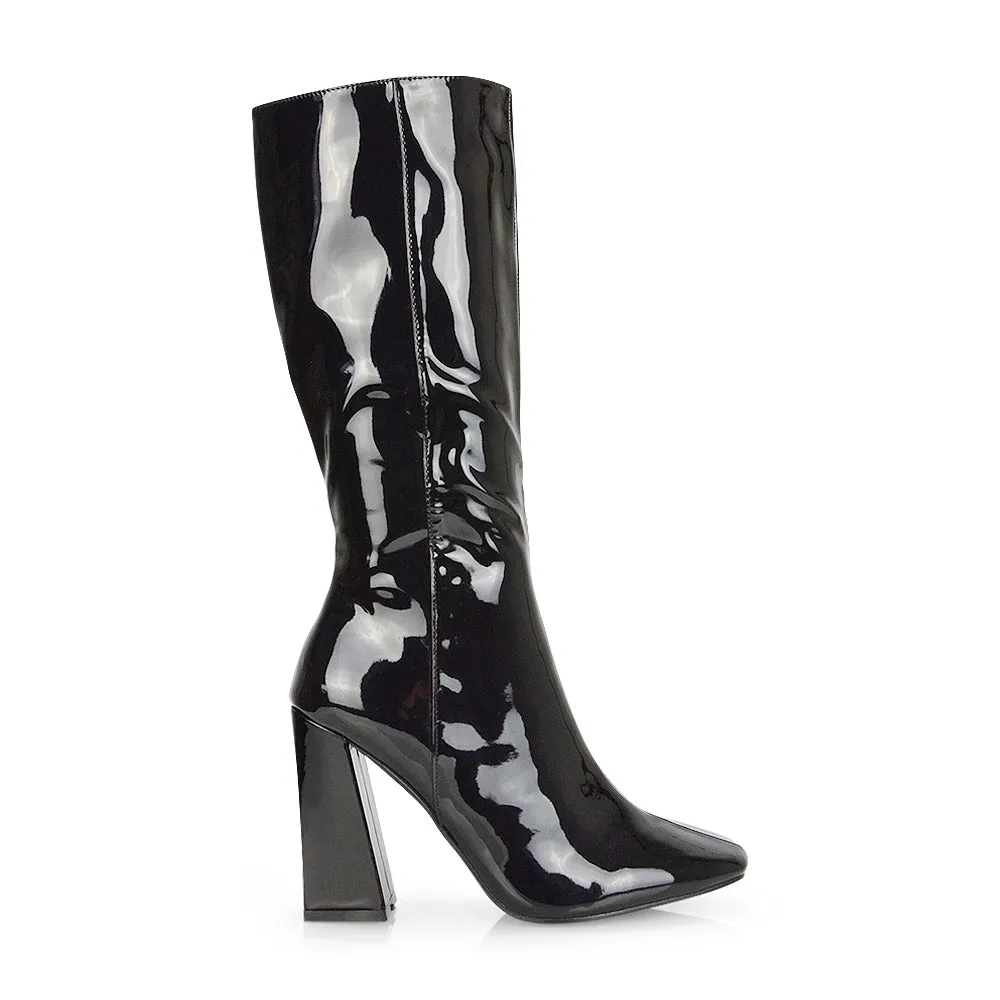 Millicent Square Toe below the Knee Long Block High Heel Boots in White PU