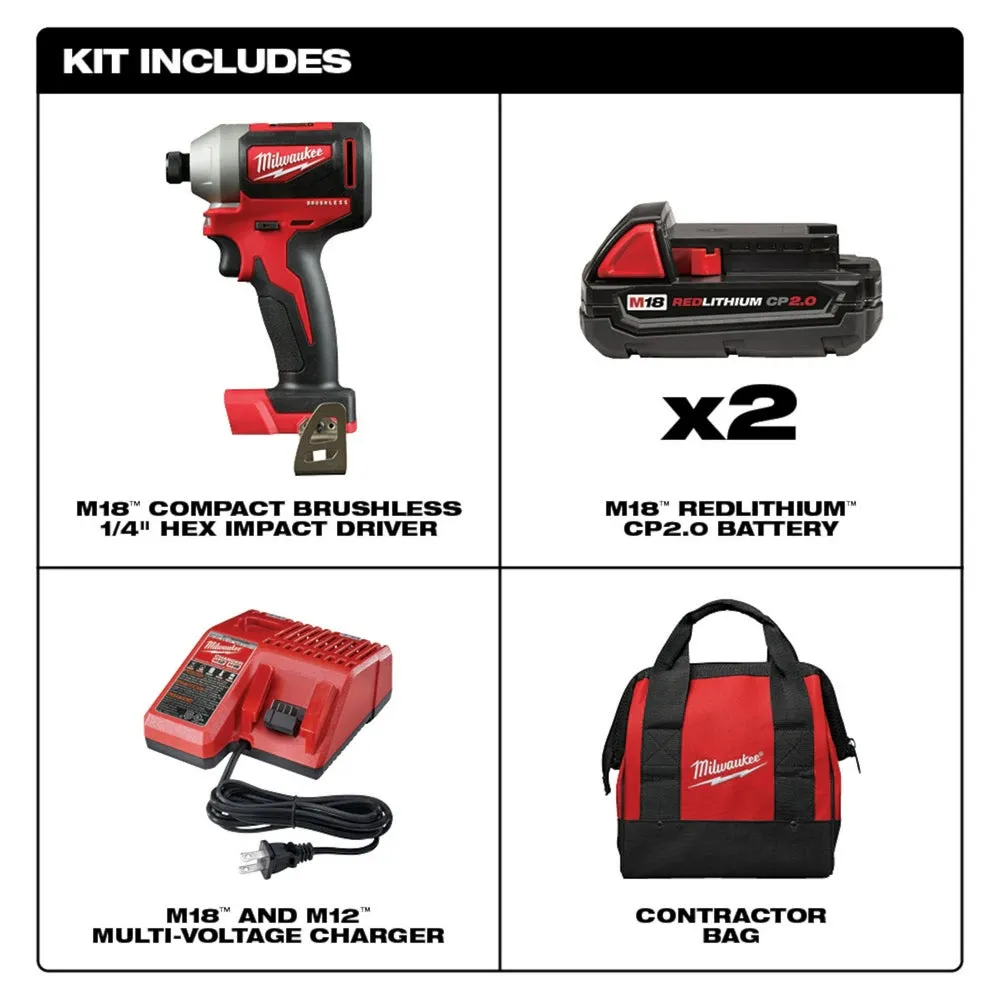 Milwaukee 2850-22CT M18 Compact Brushless 1/4" Hex Impact Driver Kit