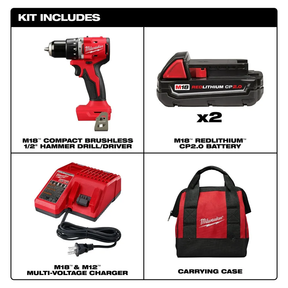 Milwaukee 3602-22CT M18 Compact Brushless 1/2" Hammer Drill/Driver Kit