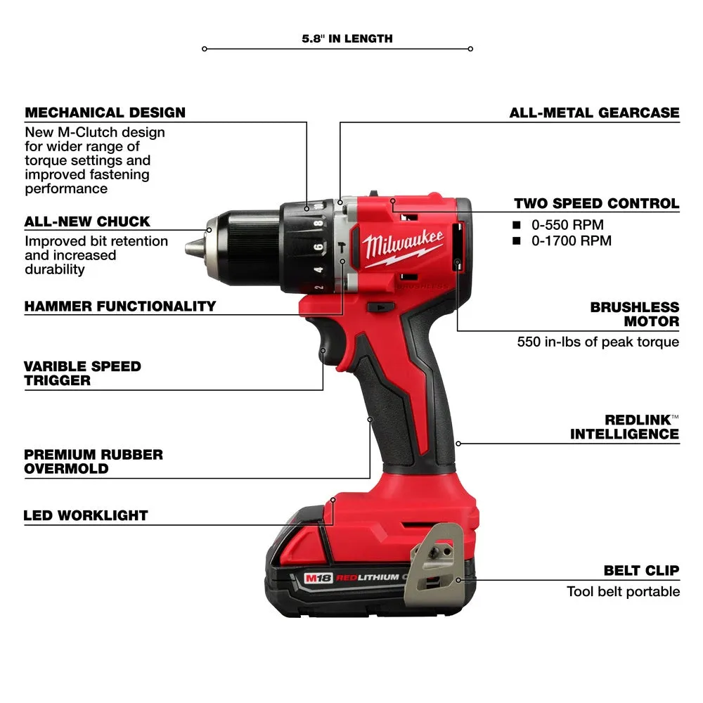 Milwaukee 3602-22CT M18 Compact Brushless 1/2" Hammer Drill/Driver Kit