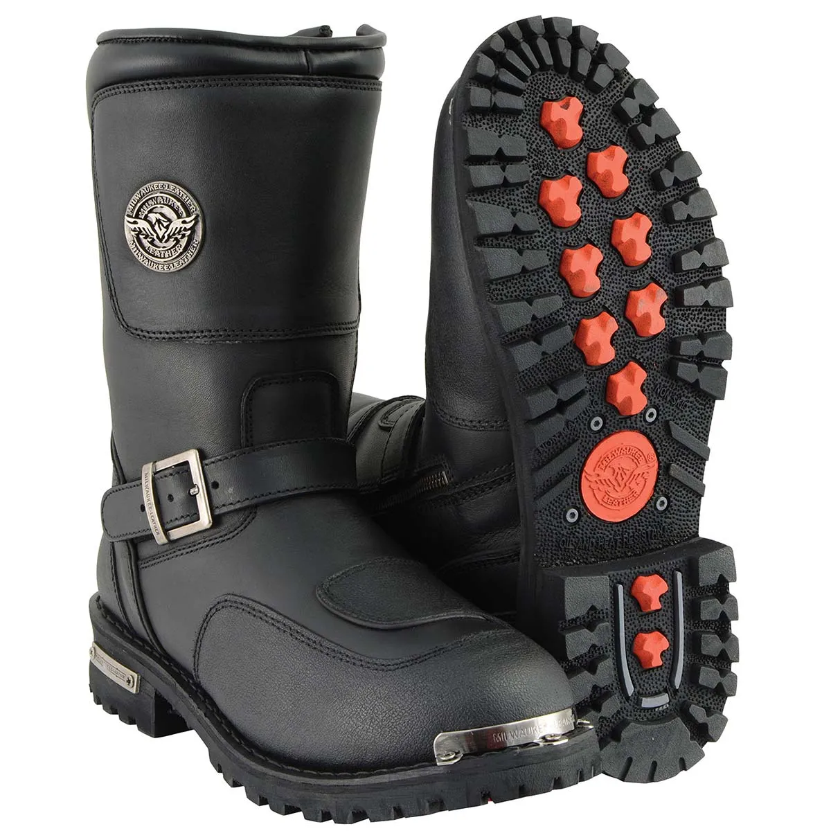 Milwaukee Leather Men's Black Leather Classic Engineer Motorcycle Boots w/ Reflective Piping & Gear Shift Protection MBM9070