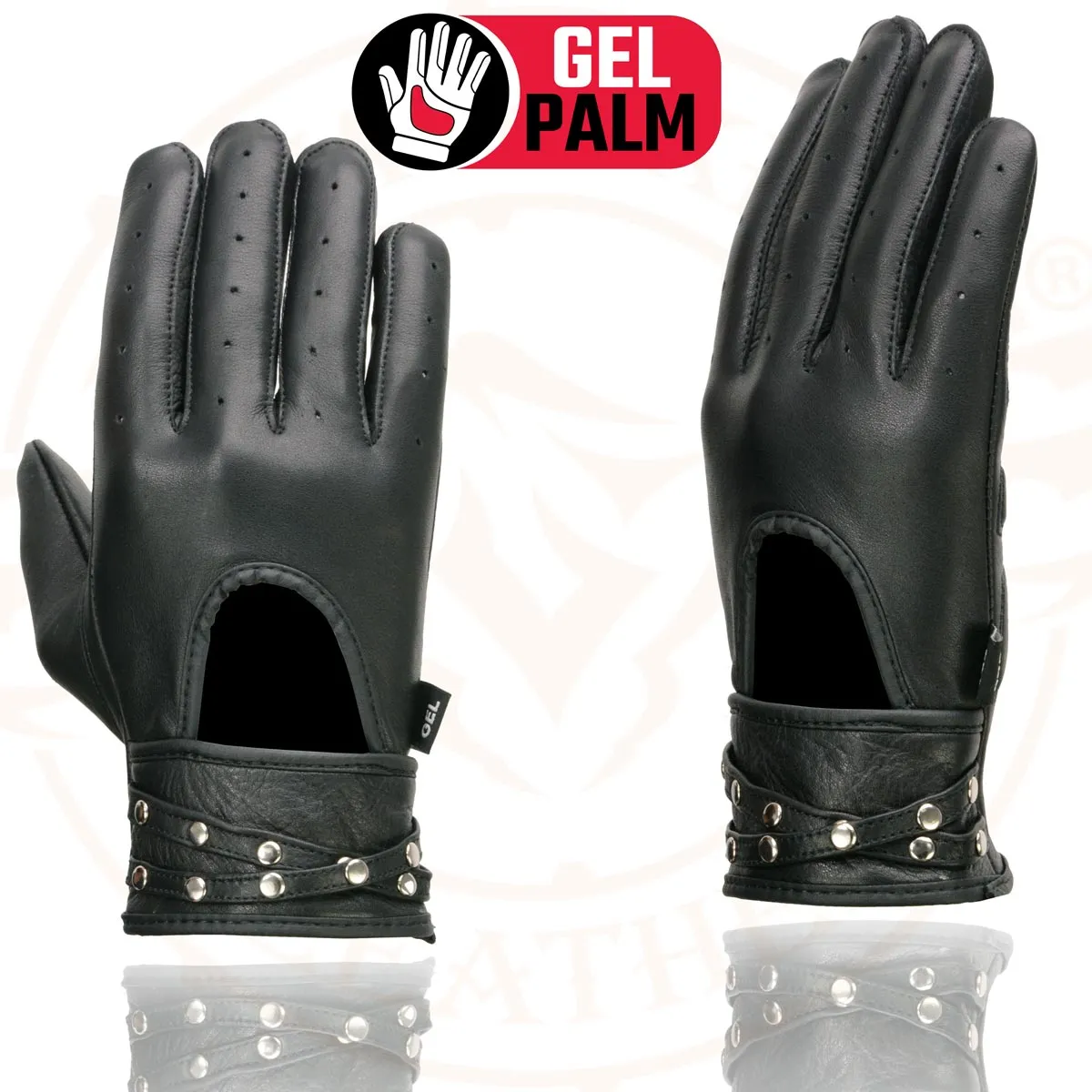 Milwaukee Leather MG7765 Women's Black Leather Gel Palm Open Wrist Motorcycle Hand Gloves W/ Stylish ‘Wrist Detailing’