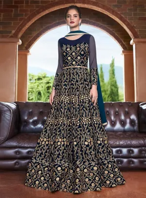 Navy Blue Embroidered Flared Anarkali Suit