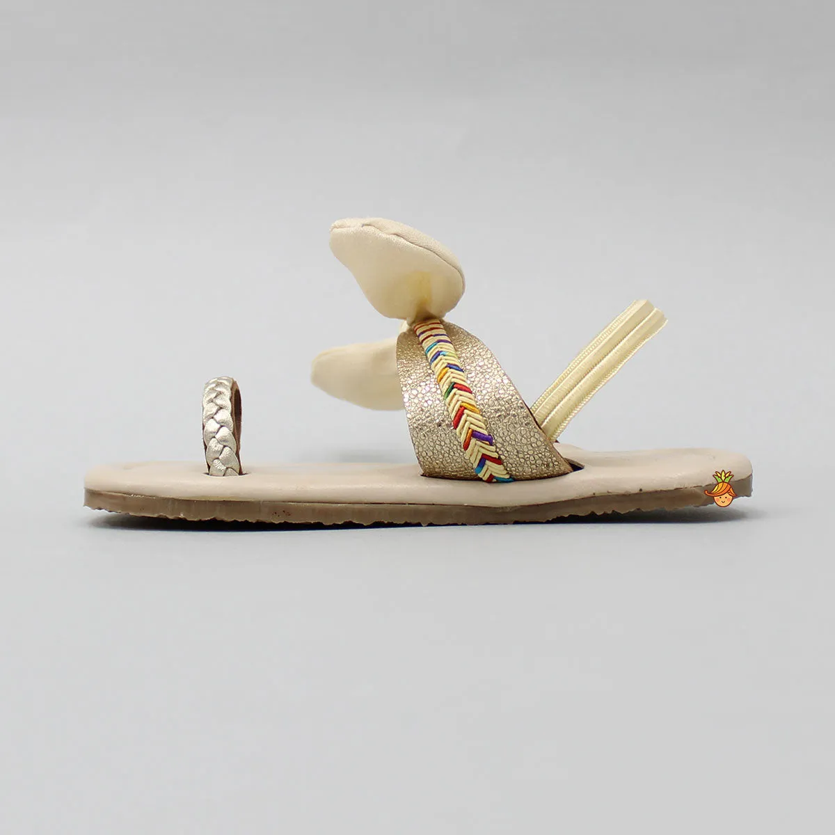 Off White Bow With Braided Toe Ring Beige Base Kolhapuri Flats