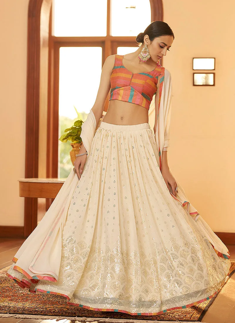 Off White Mukaish Work Embroidered Lehenga Choli