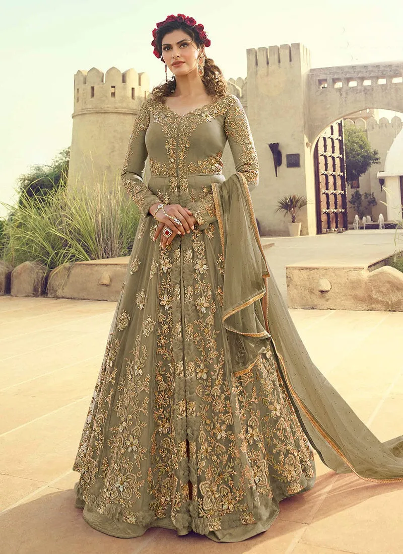 Olive Green Golden Embroidered Slit Anarkali Lehenga Suit