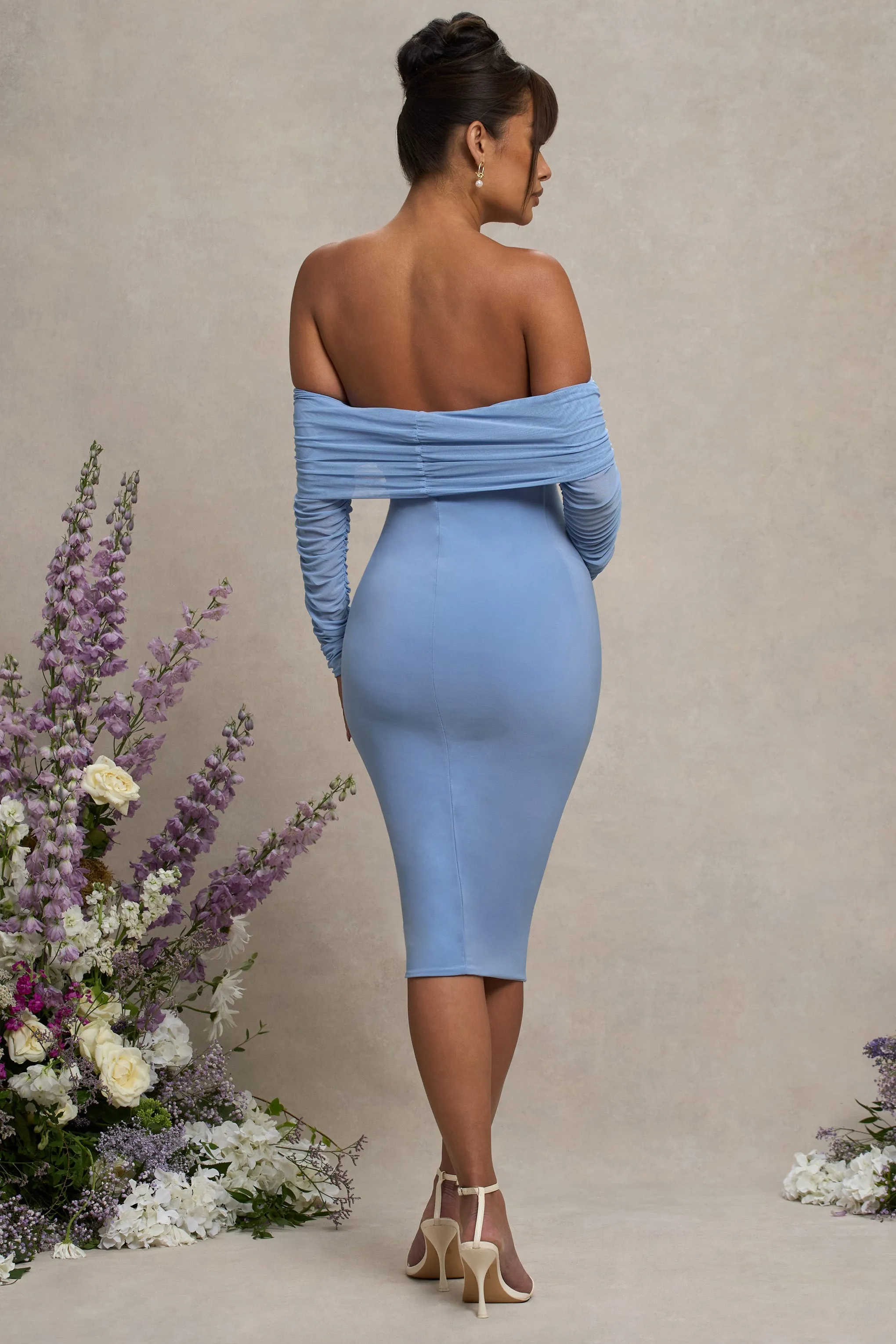 Patiently Waiting | Powder Blue Maternity Ruched Mesh Bardot Midi Dress