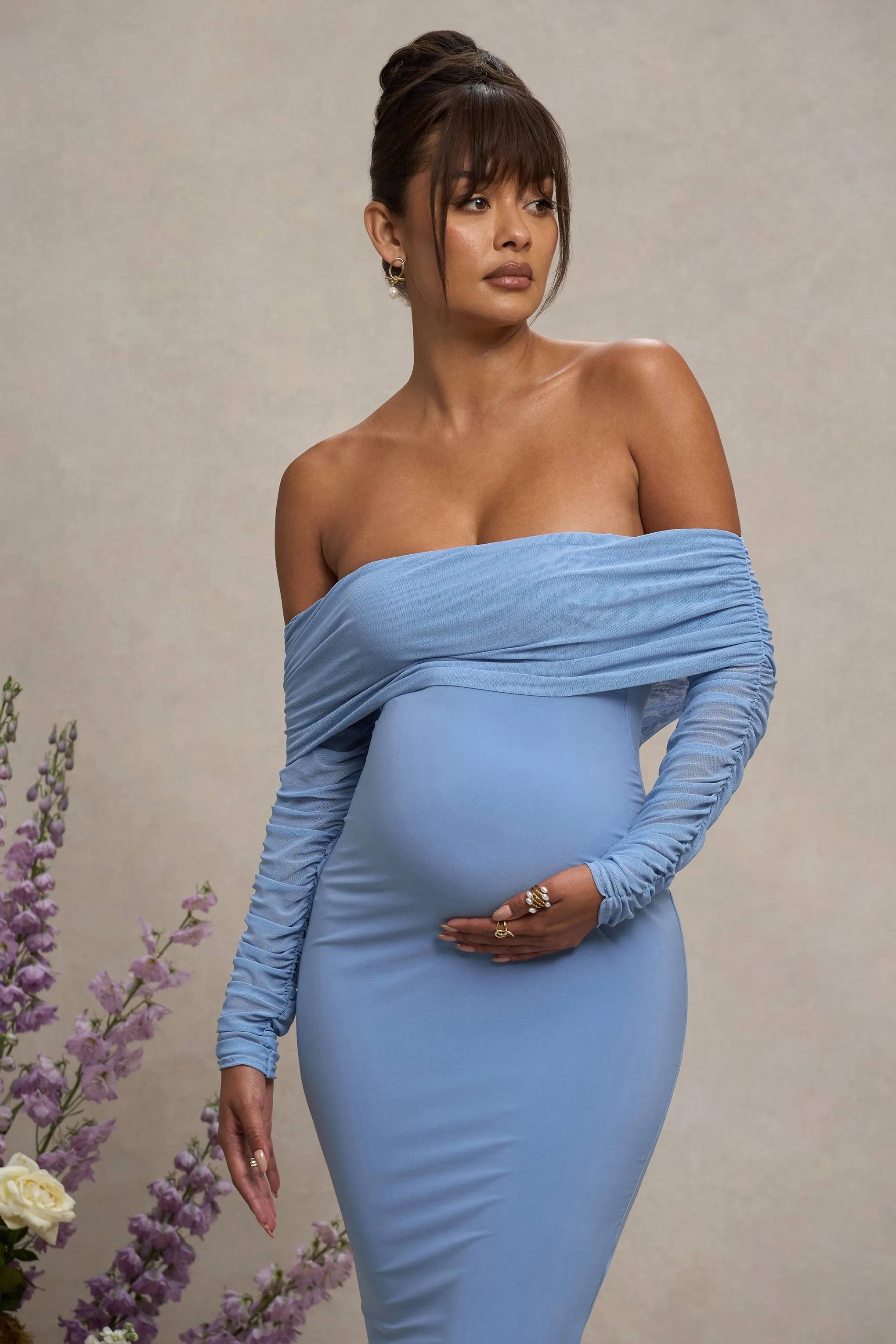 Patiently Waiting | Powder Blue Maternity Ruched Mesh Bardot Midi Dress