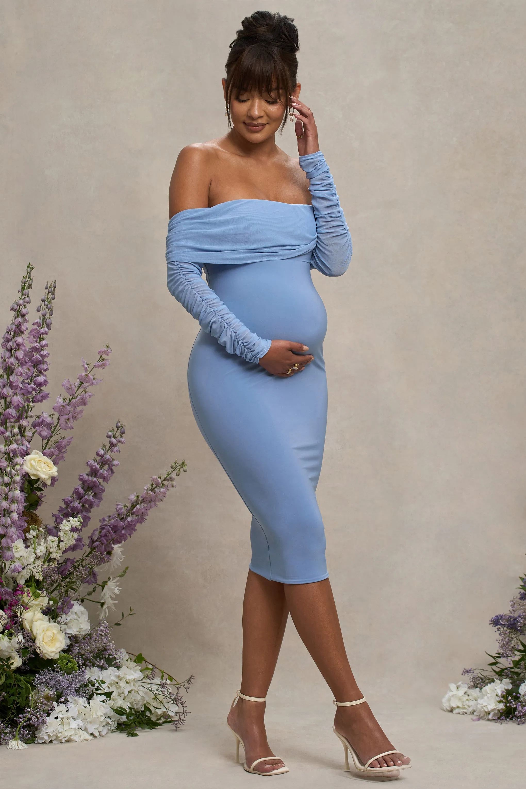 Patiently Waiting | Powder Blue Maternity Ruched Mesh Bardot Midi Dress