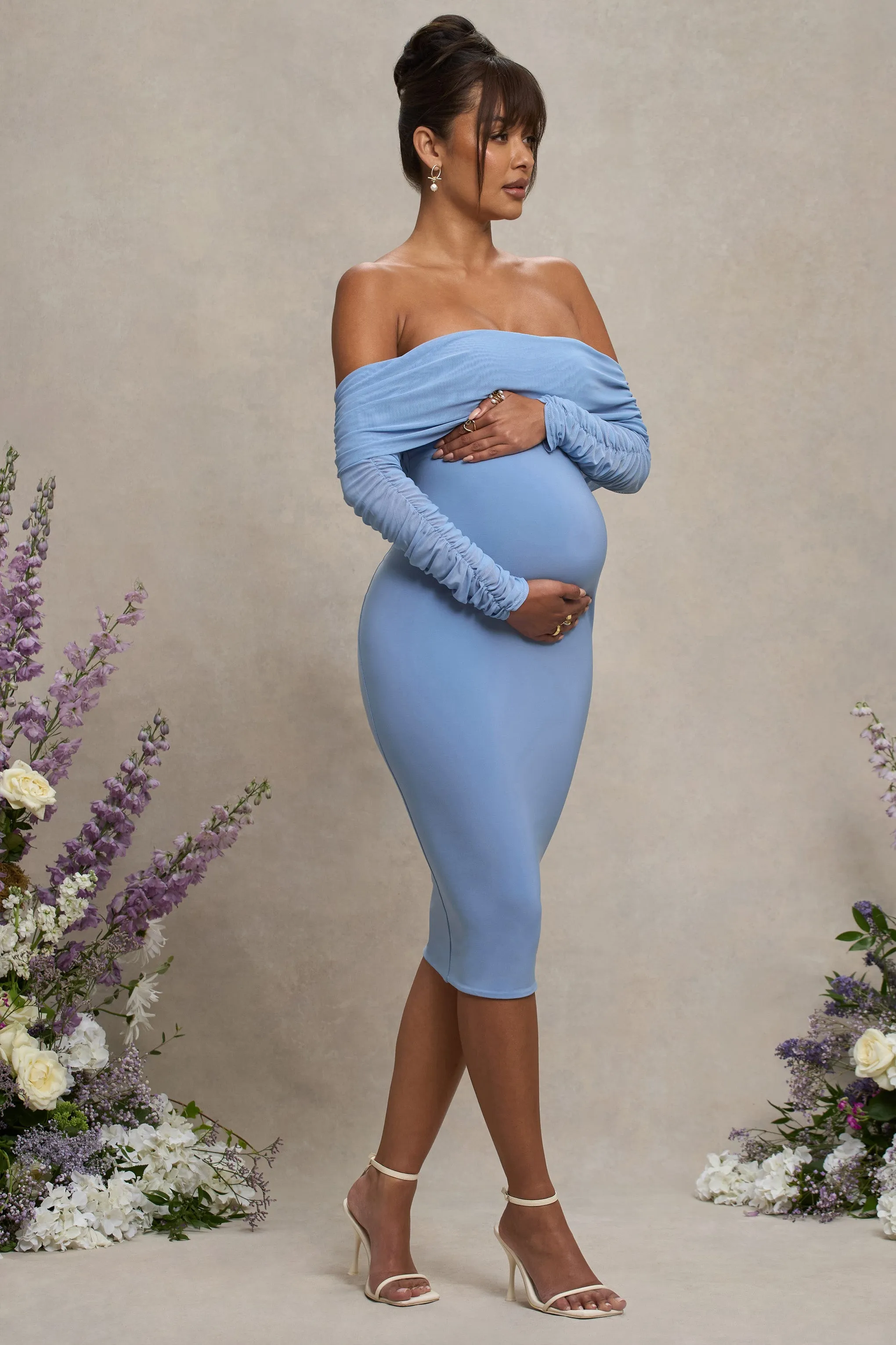 Patiently Waiting | Powder Blue Maternity Ruched Mesh Bardot Midi Dress