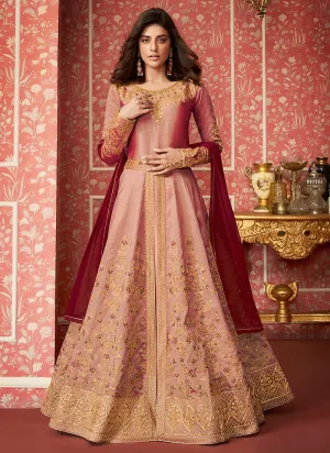 Peach And Maroon Anarkali Lehenga Suit