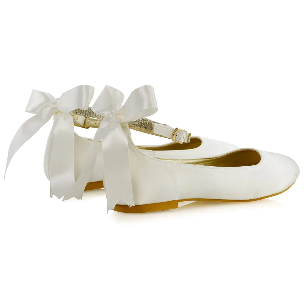 Penelope Bow Detail Diamante Strappy Bridal Wedding Flat Ballerina Bridal Shoes in White Satin