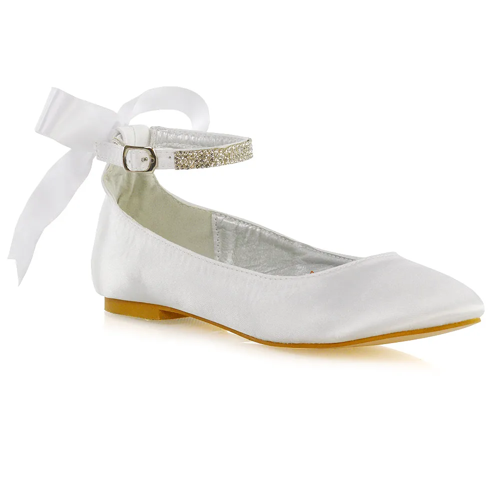 Penelope Bow Detail Diamante Strappy Bridal Wedding Flat Ballerina Bridal Shoes in White Satin