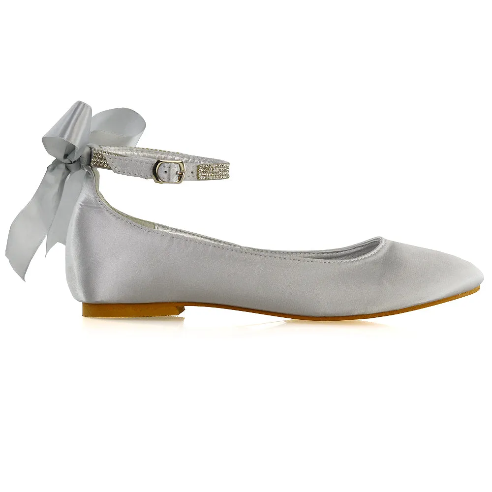 Penelope Bow Detail Diamante Strappy Bridal Wedding Flat Ballerina Bridal Shoes in White Satin