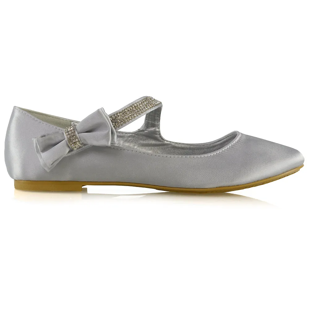 Poppy-Faye Embellished Bow Detail Diamante Strap Wedding Pumps Flat Bridal Shoes in Pastel Pink Satin