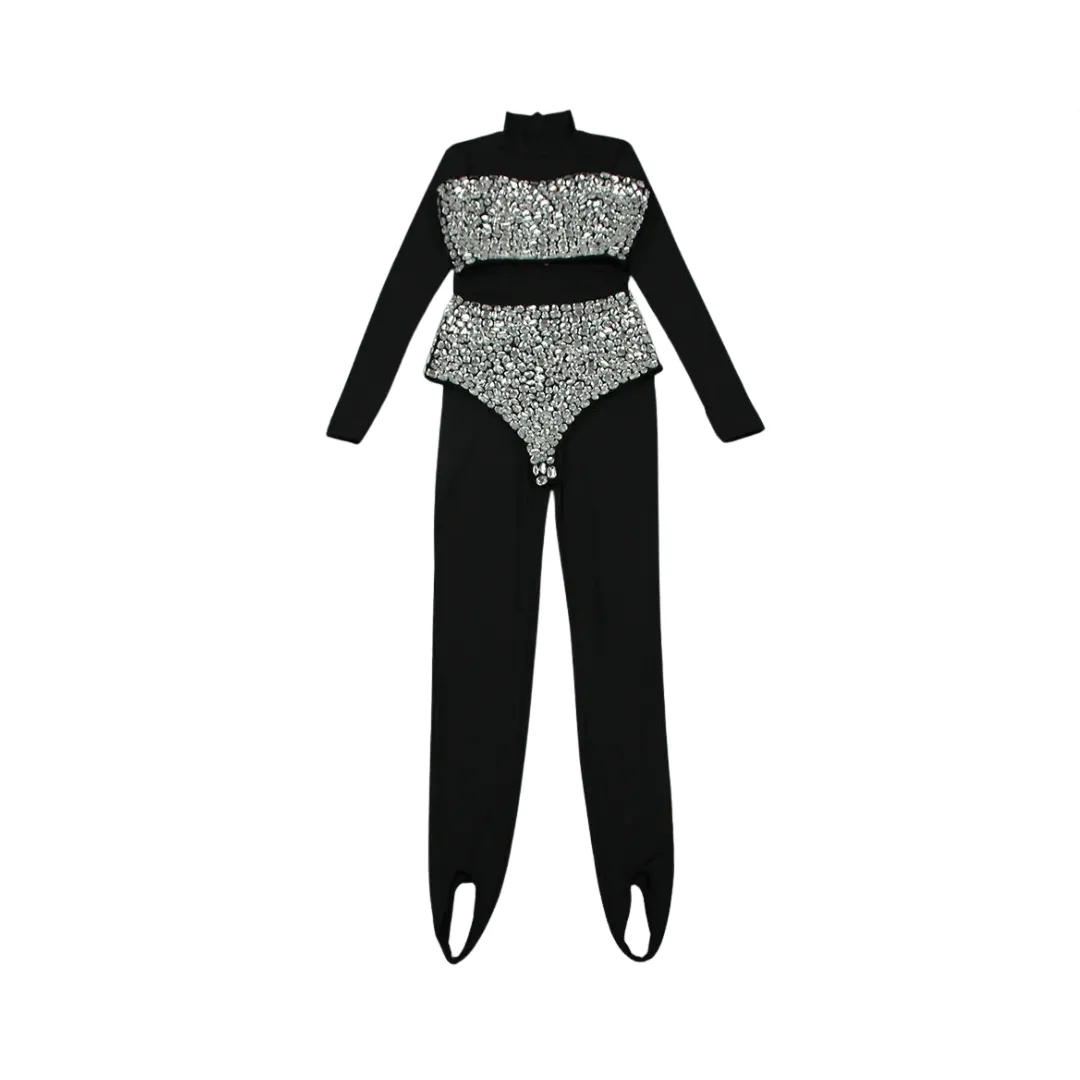 Pre Order:  Three-Piece High Waist Diamond Studded Bandage Jumpsuit Set