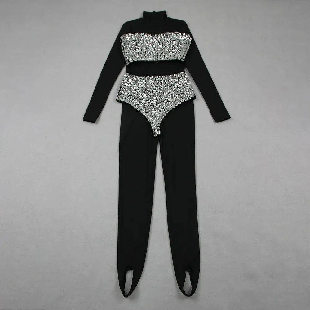 Pre Order:  Three-Piece High Waist Diamond Studded Bandage Jumpsuit Set