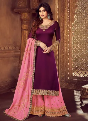 Purple And Pink Traditional Embroidered Palazzo Suit