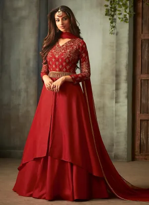 Red Golden Embroidered Anarkali Lehenga Suit