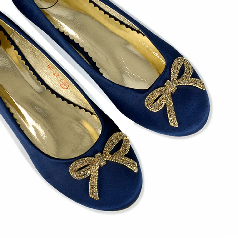 Rory Diamante Bow Flat Slip-on Wedding Bridal Pump Ballerina Shoes in Navy Satin