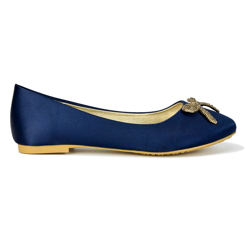 Rory Diamante Bow Flat Slip-on Wedding Bridal Pump Ballerina Shoes in Navy Satin