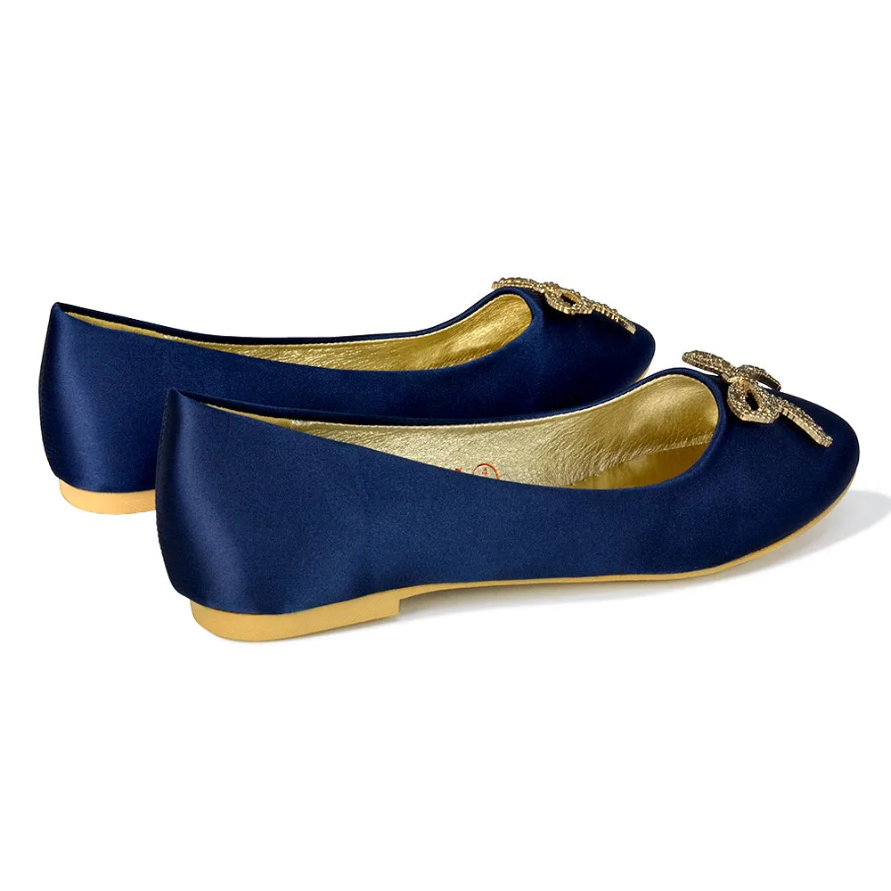 Rory Diamante Bow Flat Slip-on Wedding Bridal Pump Ballerina Shoes in Navy Satin