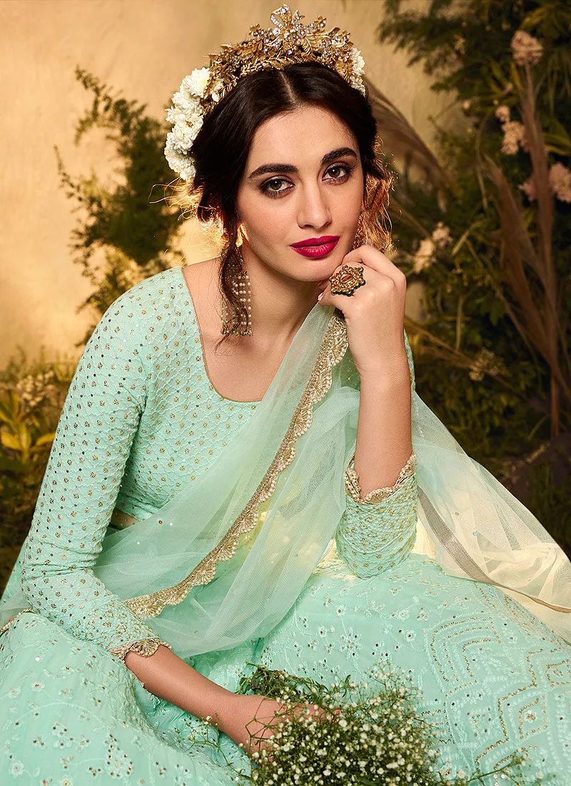 Sea Green And Golden Sequence Embroidered Anarkali Lehenga