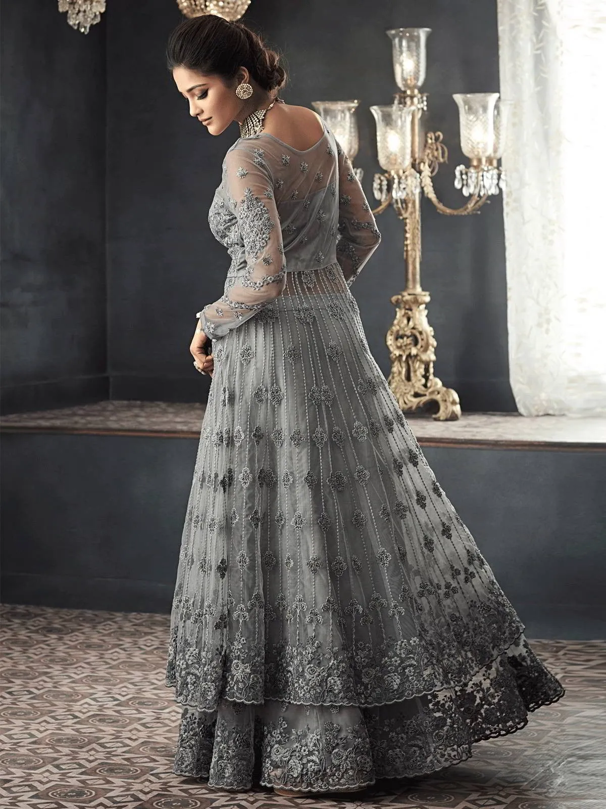 Silver Grey Zari Embellished Party Wear Lehenga Anarkali Suit