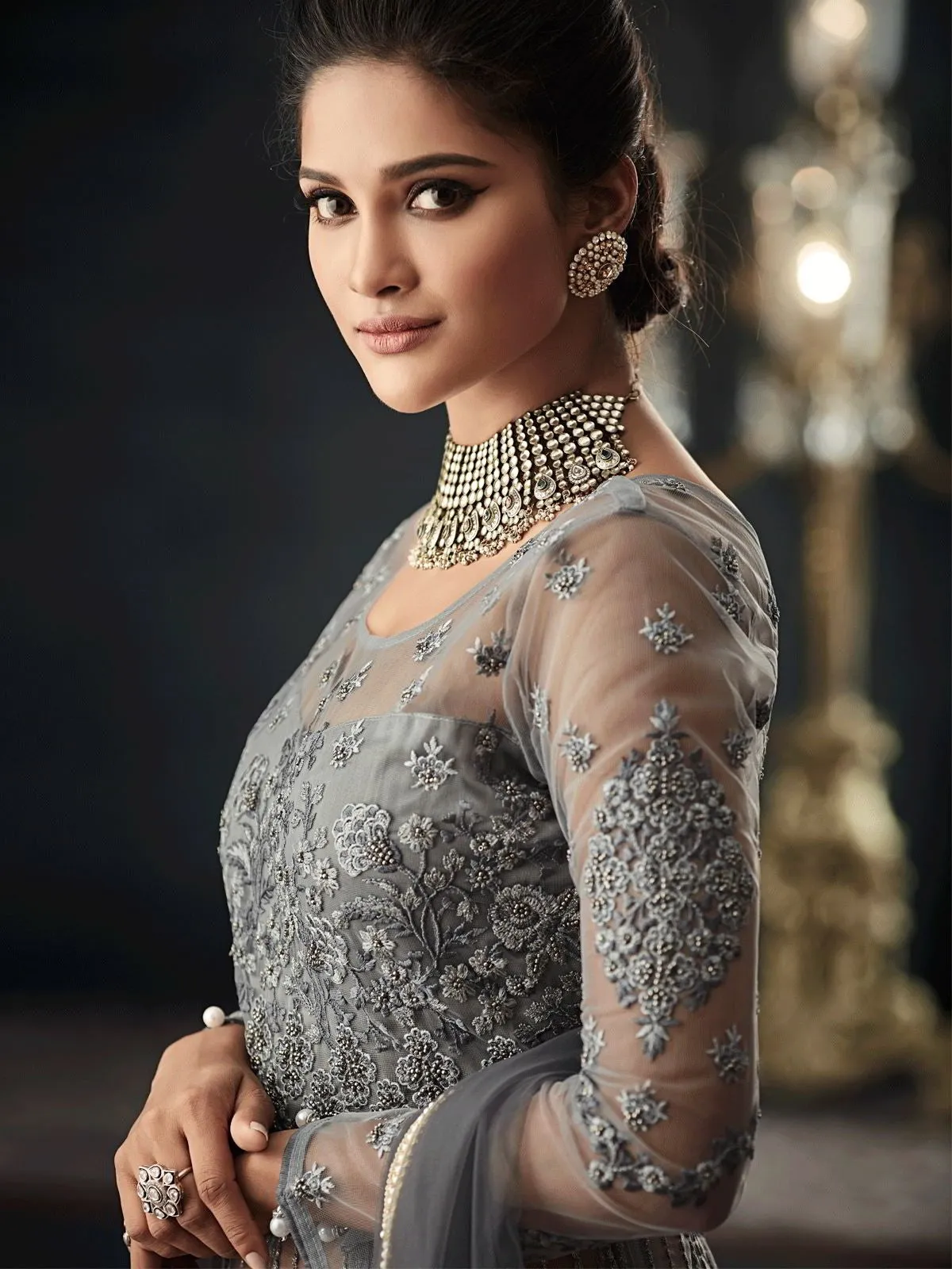 Silver Grey Zari Embellished Party Wear Lehenga Anarkali Suit