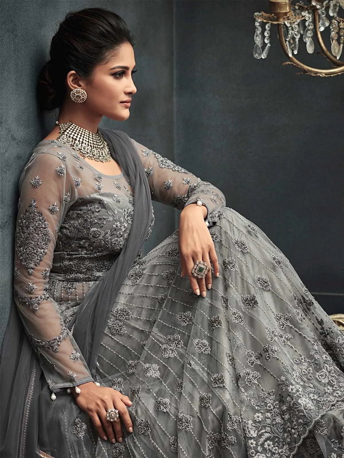 Silver Grey Zari Embellished Party Wear Lehenga Anarkali Suit