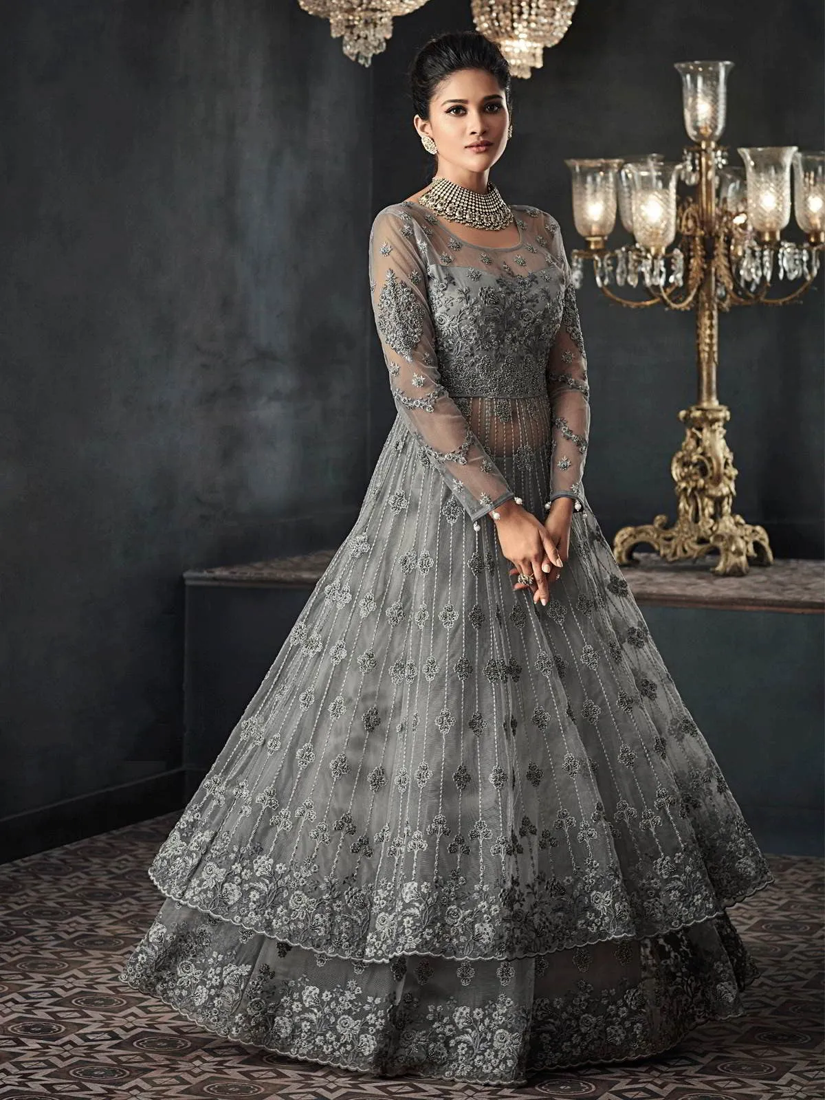 Silver Grey Zari Embellished Party Wear Lehenga Anarkali Suit