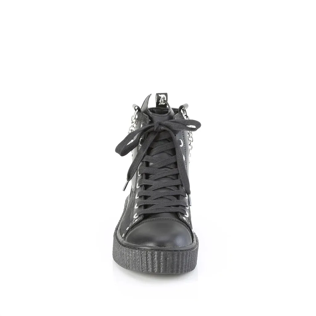 Sneeker-230 Black Canvas Vegan Leather Hi-Top Sneaker Platform Creeper Shoe w/ Contrast Bat Detail and Hanging Chain Detail