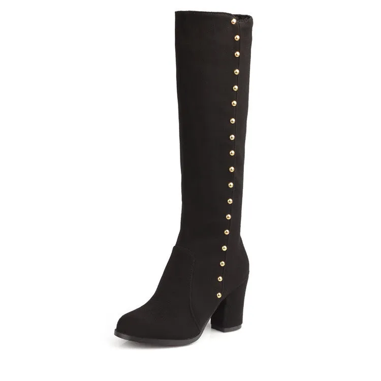 Studded Knee High Boots Chunky High Heels Shoes for Woman 1372