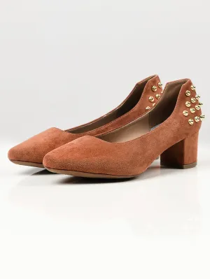 Studded Suede Heels - Brown